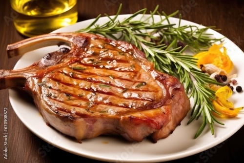 grilled veal chop with rosemary sprig on top