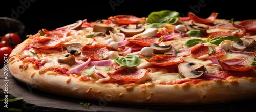 Italian classic pizza featuring ham salami fresh basil tomato sauce mozzarella mushrooms and green peppers in a close up shot