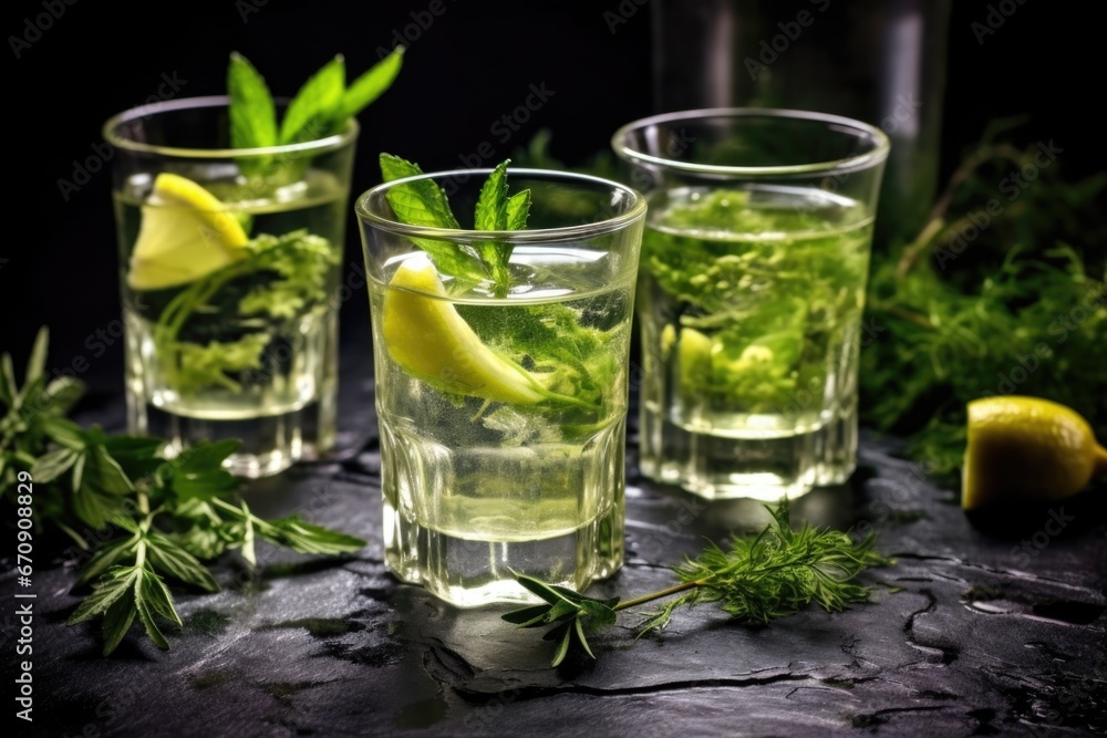 glassware with botanical-infused gin on a dark stone table glassware with botanical-infused gin on a dark stone table