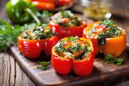 grilled stuffed bell peppers on a rustic table