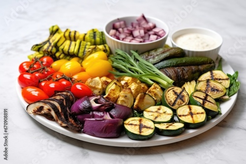 birds eye view of an assorted grilled vegetable platter on a blue table