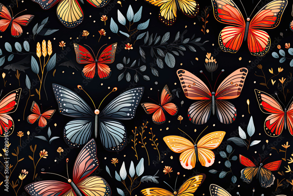 Obraz premium seamless pattern with multicolored butterflies and flowers on black background for printing on fabric and textiles