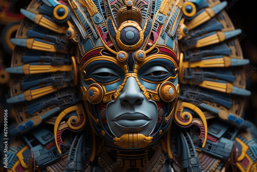Fototapeta premium A complex, multi-layered pattern of interlocking shapes that resembles a Pharaoh face. 