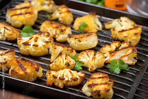 grilled cauliflower chunks on a stainless-steel tray
