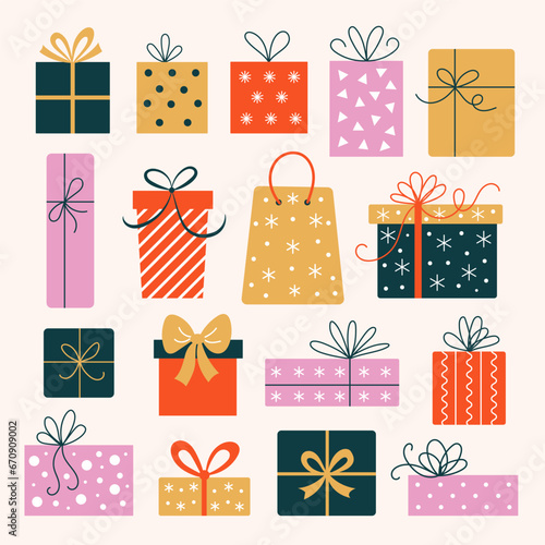 Set of holiday gifts in flat style. Icons of gifts painted in vintage colors.
