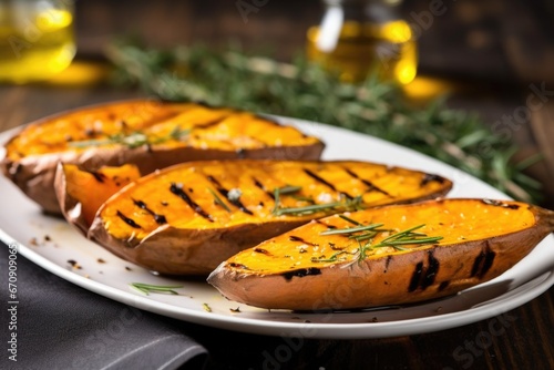 grilled sweet potatoes cut in half, showcasing soft interior