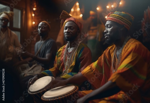 African musical performers play inside. Casual carnival culture group band. Generate Ai