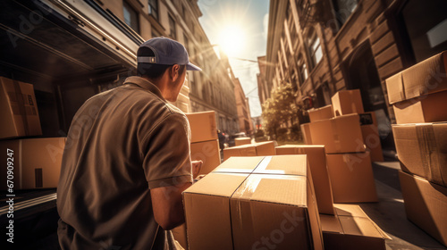 Parcel delivery man in a car with parcels in his hands with a tablet. A man with a paper tablet checks packages for delivery. Transportation concept, business. photo
