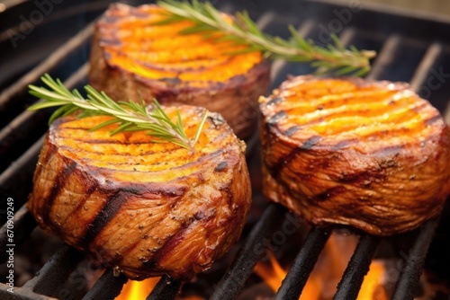 steaks of butternut squash curled up on a grill