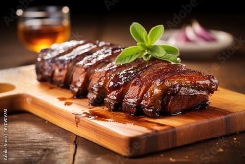 garnished glazed pork ribs on a wooden serving board