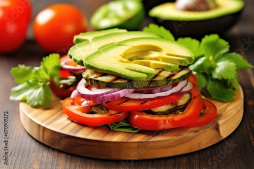 grilled veggie burger topped with fresh avocado