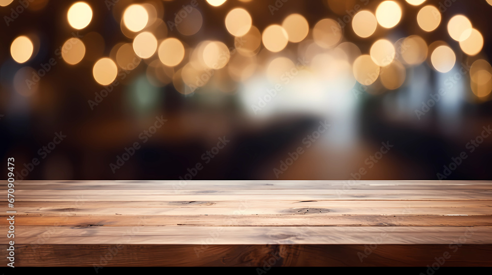 Empty wood table over blur background for product display montage, mock up
