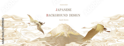 富士山と鶴の金箔をあしらった和風背景