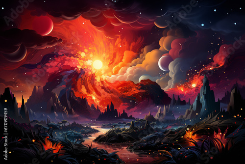 A digital illustration that depicts a stylized, abstract volcano. 