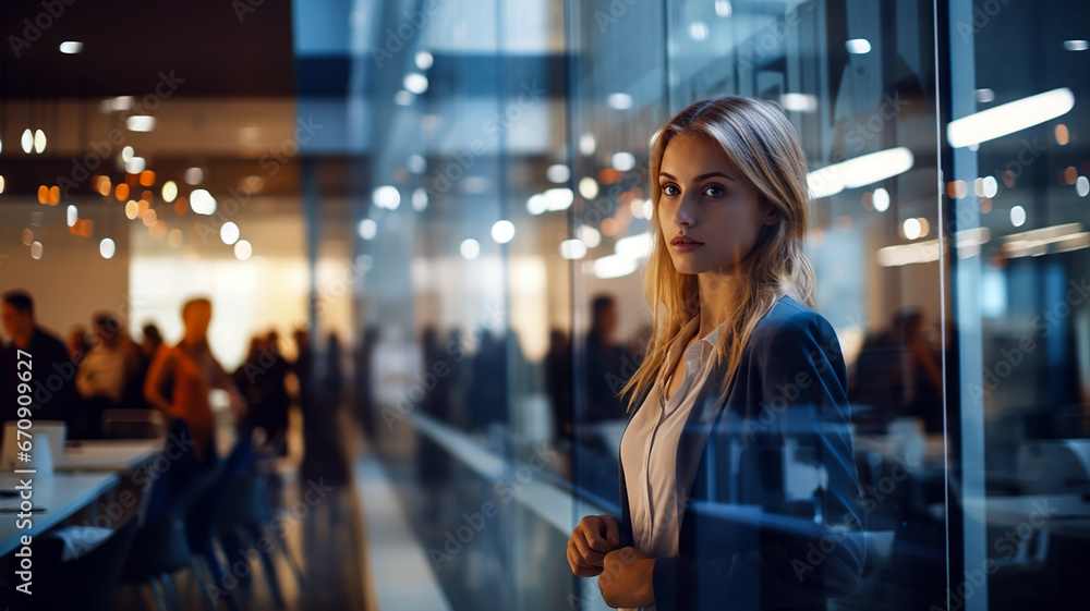 Young successful woman entrepreneur standing in front of camera, with blurred background of a modern office building. For advertising and business concept. Generative AI