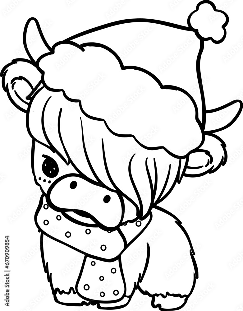 Christmas Highland cow with santa hat outline Christmas Highland cow with santa hat outline