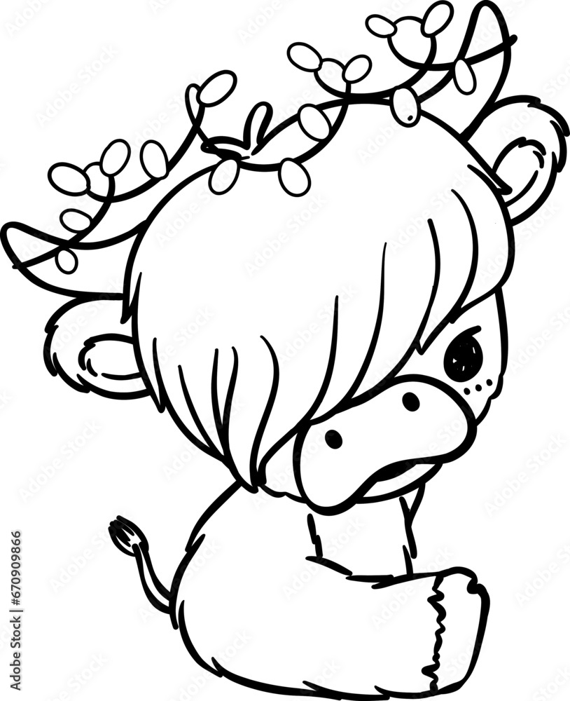 Christmas Highland cow with santa hat outline Christmas Highland cow with santa hat outline