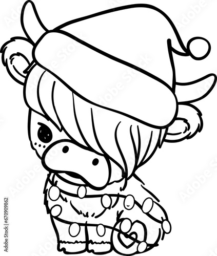 Christmas Highland cow with santa hat outline