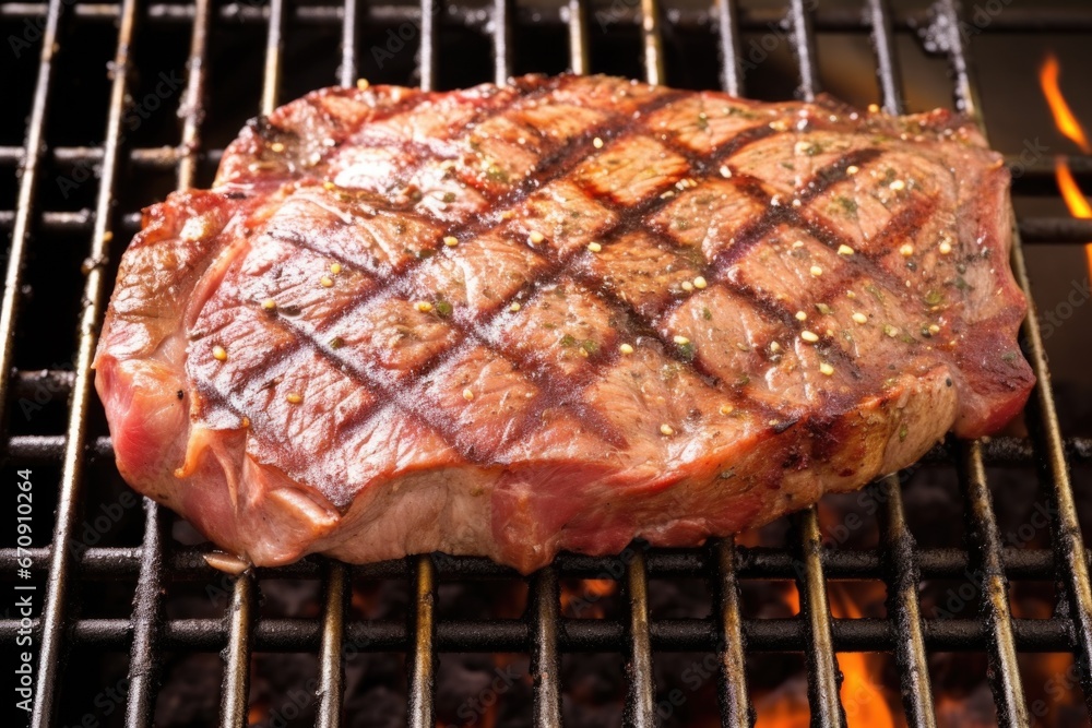 top view of steak on grill with grill lines visible top view of steak on grill with grill lines visible