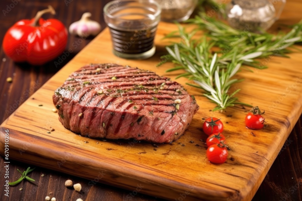 steak with grill marks on a wooden board with seasoning steak with grill marks on a wooden board with seasoning