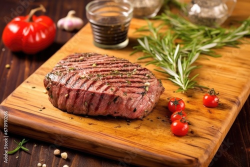 steak with grill marks on a wooden board with seasoning