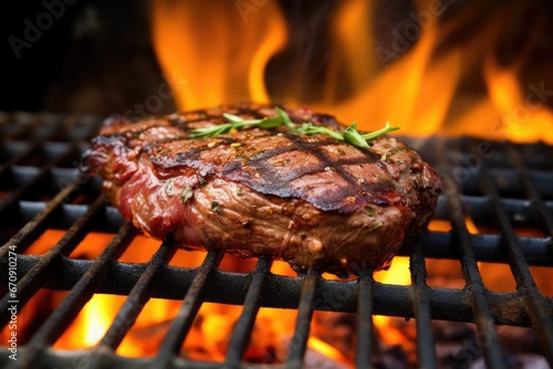 a steak on a grill with a flame underneath