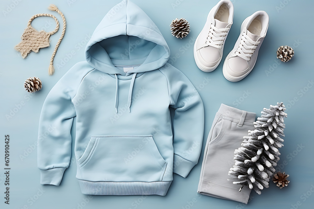 Children's warm blue hoodie, pants and sneakers on a blue background. Clothes for the cold season. Top view, flat lay. Athleisure style - obrazy, fototapety, plakaty 