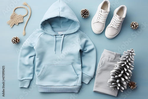 Children's warm blue hoodie, pants and sneakers on a blue background. Clothes for the cold season. Top view, flat lay. Athleisure style