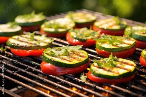 plump tomatoes and zucchini slices on a grill