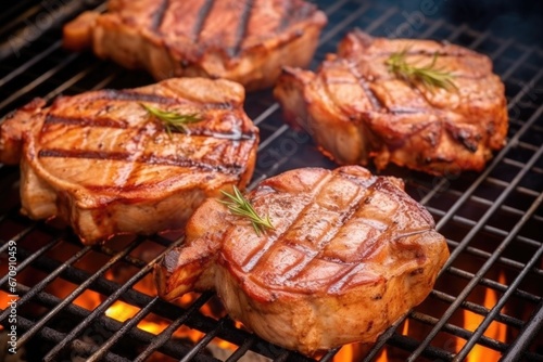 juicy pork chops smoking on a barbecue grill