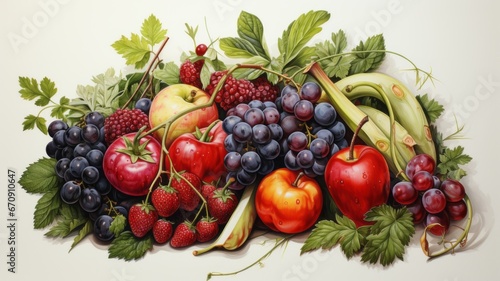 Illustration of various fruits and vegetables in colorful watercolors