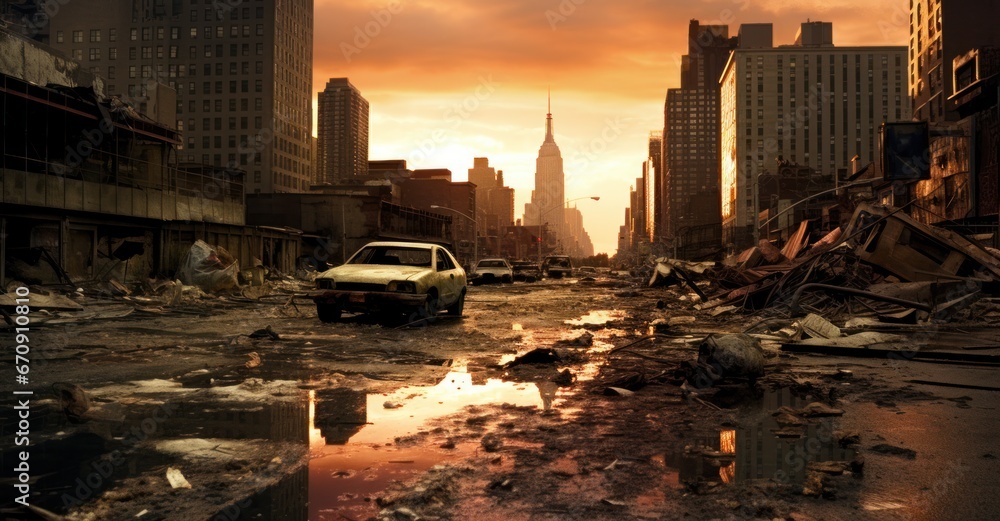 Fototapeta premium New York's iconic skyline, eerily silent post-fallout, echoing nuclear despair.