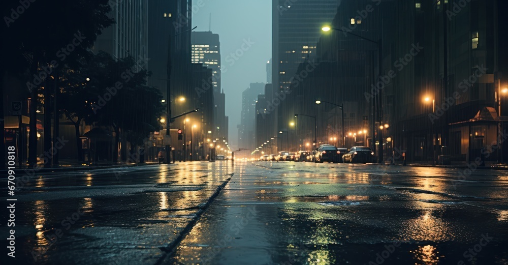 Rain-tinted streets reflect a city's grim aftermath post-fallout under a muted sky.