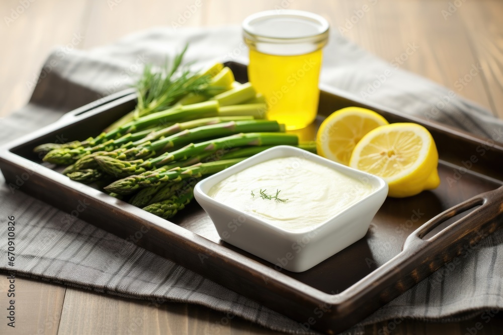a slate tray with grilled asparagus and aioli sauce a slate tray with grilled asparagus and aioli sauce
