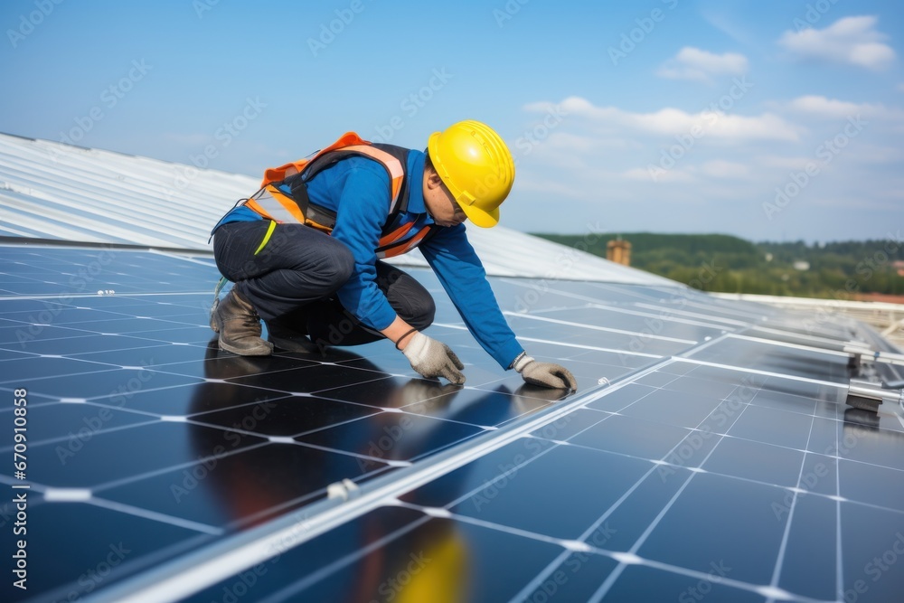 custom made wallpaper toronto digitalInstalling solar panels on the roof of a small house. African American male engineer install and connect a solar panel system. Green energy and energy saving.