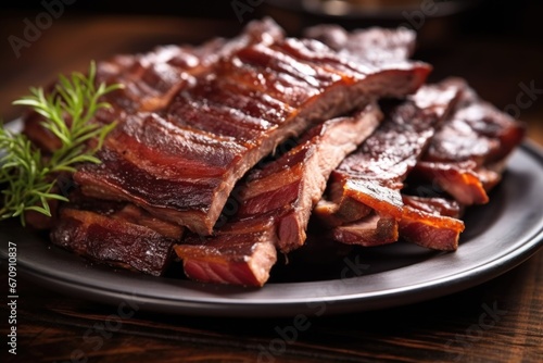 close-up of hickory smoked ribs on a ceramic plate