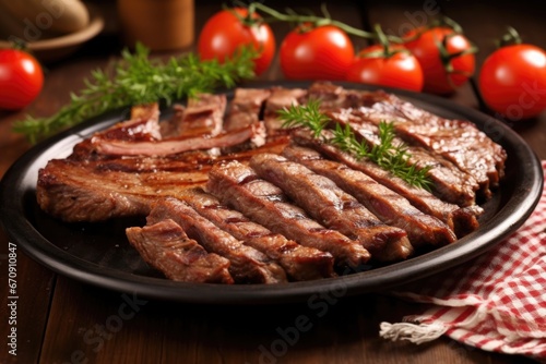 chopped ribs with grill marks on stoneware plate