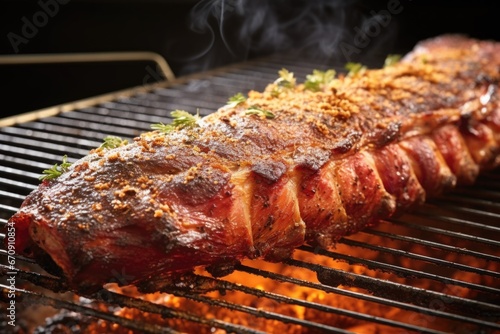 side view of a full rack of ribs with smoke