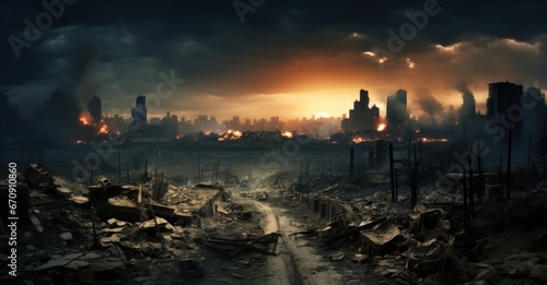 City's silhouette, post-fallout; a haunting testament to nuclear devastation.