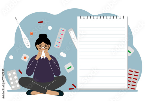 A sick woman with a runny nose holds a handkerchief. Nearby there are a lot of medicines, pills, thermometers and a large notebook for notes.