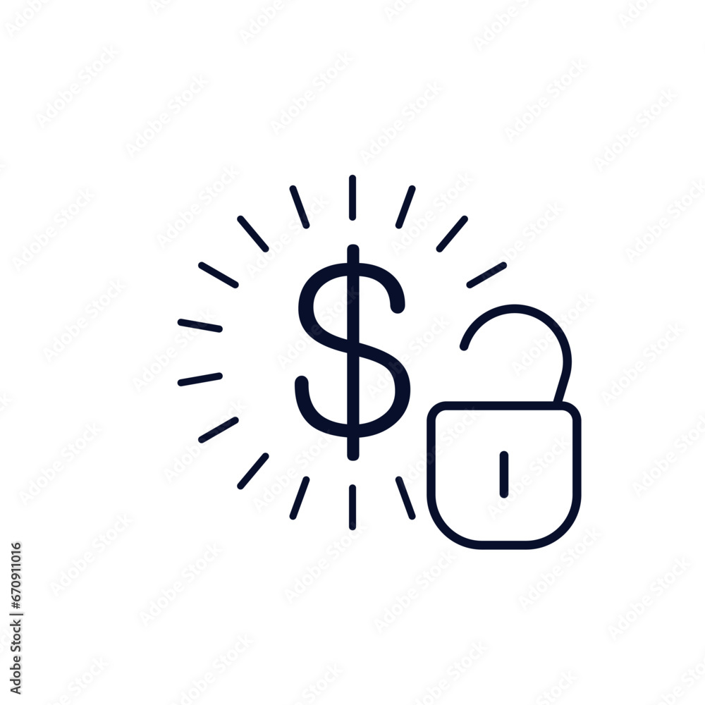 Dollar sign and open padlock. Available price. Vector linear icon isolated on white background. Dollar sign and open padlock. Available price. Vector linear icon isolated on white background.