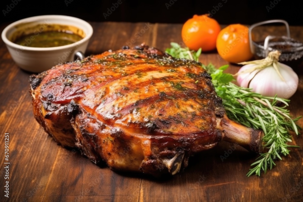 grilled honey mustard pork chop on rustic wooden table grilled honey mustard pork chop on rustic wooden table