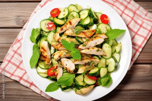 overhead view of grilled chicken salad with cucumber slices