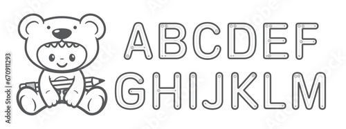 Vector learning for children, coloring pages with instructions on how to write alphabet characters (A-M). Picture of a little boy in a teddy bear costume holding a big pencil. Isolated on white backgr