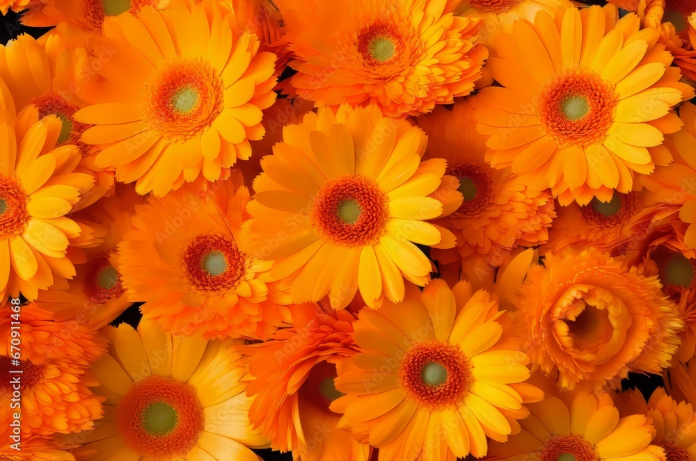 Calendula flowers orange background. Plant daisy flora bloom petal. Generate Ai