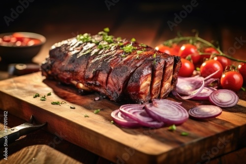 texan-style smoked ribs displayed on a wood chopping board