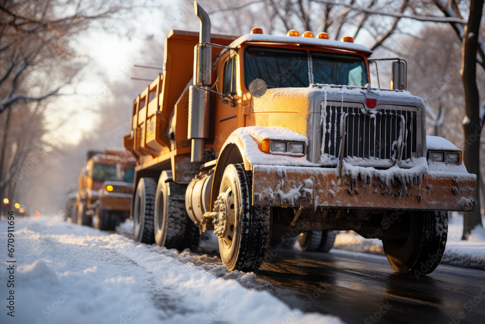 Snow plow on highway salting road. Orange truck deicing street. Crystals dropping on snowy asphalt. Maintenance winter vehicle in action. Modern snowplow driving along road in winter removing snow