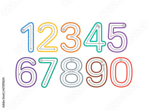Vector learning for children, coloring pages with instructions on how to write numbers. Isolated on white background