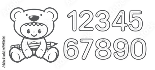 Vector learning for children, coloring pages with instructions on how to write numbers. Picture of a little boy in a teddy bear costume holding a big pencil. Isolated on white background