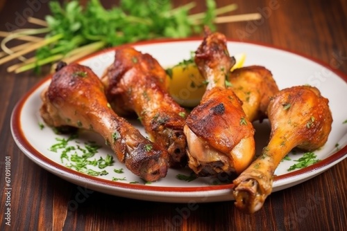 close-up shot of cooked jerk marinated drumsticks on a plate